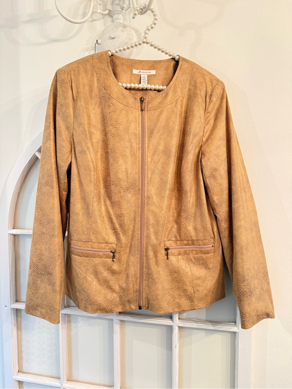 JM Collection Tan Snake Print Faux Suede Leather Zip Front Jacket Blazer Size 10